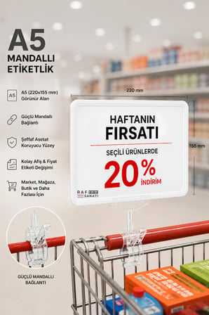 A5 Mandallı Etiketlik | Fiyatlık Sepet Raf Askılık Fiyat Etiketi Çerçeveli Market Mağaza Beyaz
