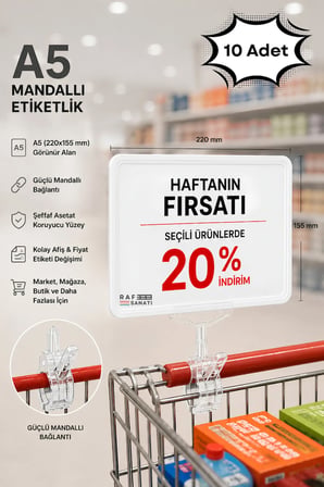 10 Adet - A5 Mandallı Etiketlik | Fiyatlık Sepet Raf Askılık Fiyat Etiketi Çerçeveli Market Mağaza Beyaz