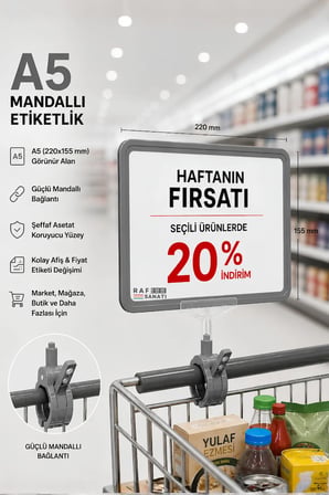 A5 Mandallı Etiketlik | Fiyatlık Sepet Raf Askılık Fiyat Etiketi Çerçeveli Market Mağaza Gri