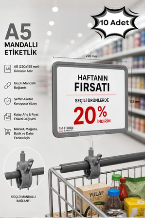 10 Adet - A5 Mandallı Etiketlik | Fiyatlık Sepet Raf Askılık Fiyat Etiketi Çerçeveli Market Mağaza Gri