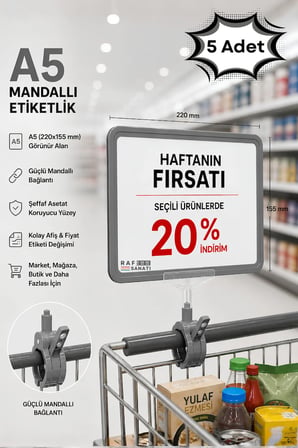 5 Adet - A5 Mandallı Etiketlik | Fiyatlık Sepet Raf Askılık Fiyat Etiketi Çerçeveli Market Mağaza Gri