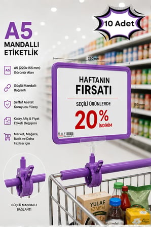10 Adet - A5 Mandallı Etiketlik | Fiyatlık Sepet Raf Askılık Fiyat Etiketi Çerçeveli Market Mağaza Mor