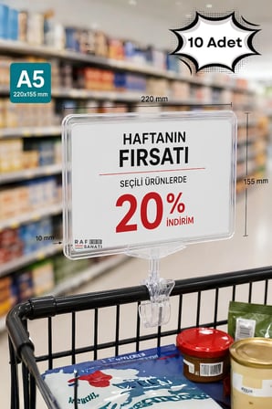 10 Adet - A5 Mandallı Etiketlik | Fiyatlık Sepet Raf Askılık Fiyat Etiketi Çerçeveli Market Mağaza Şeffaf