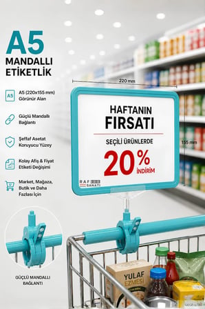 A5 Mandallı Etiketlik | Fiyatlık Sepet Raf Askılık Fiyat Etiketi Çerçeveli Market Mağaza Turkuaz