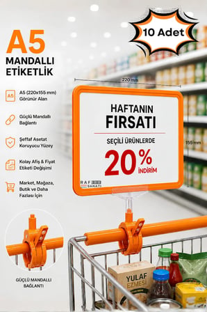 10 Adet - A5 Mandallı Etiketlik | Fiyatlık Sepet Raf Askılık Fiyat Etiketi Çerçeveli Market Mağaza Turuncu