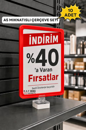 10 Adet - A5 Mıknatıs Tutuculu Fiyatlık Etiketlik – Dikey Yatay ve Bilgilendirme Çerçevesi Kırmızı