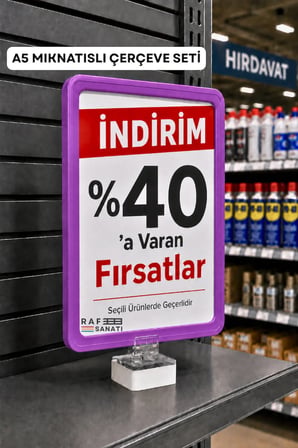 A5 Mıknatıs Tutuculu Fiyatlık Etiketlik – Dikey Yatay ve Bilgilendirme Çerçevesi Mor