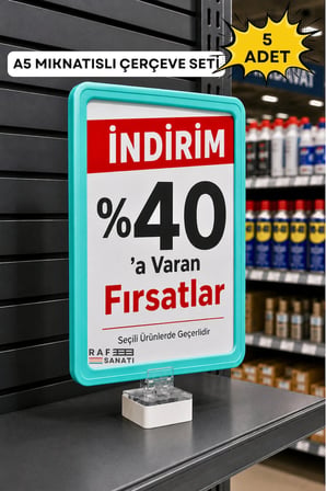 5 Adet - A5 Mıknatıs Tutuculu Fiyatlık Etiketlik – Dikey Yatay ve Bilgilendirme Çerçevesi Turkuaz