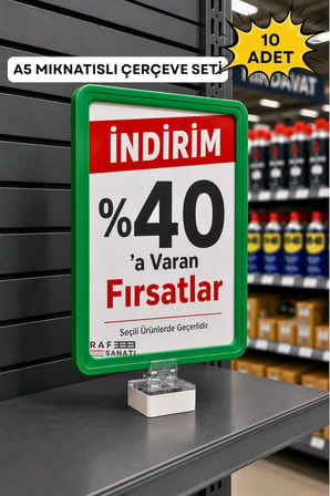 10 Adet - A5 Mıknatıs Tutuculu Fiyatlık Etiketlik – Dikey Yatay ve Bilgilendirme Çerçevesi Yeşil