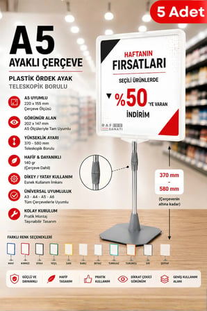 5 Adet - A5 Ayaklı Çerçeve Seti Plastik Ördek Ayak Teleskopik Borulu Fiyat Etiketliği Yönlendirme Levhası Menü Panosu Beyaz