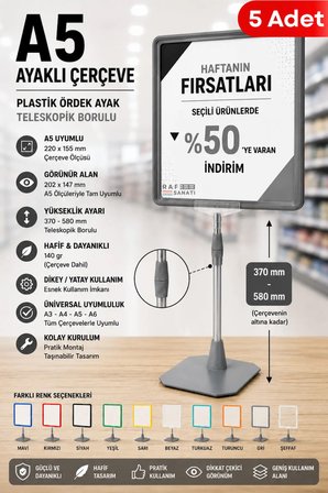 5 Adet - A5 Ayaklı Çerçeve Seti Plastik Ördek Ayak Teleskopik Borulu Fiyat Etiketliği Yönlendirme Levhası Menü Panosu Gri