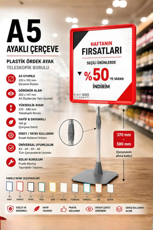 A5 Ayaklı Çerçeve Seti Plastik Ördek Ayak Teleskopik Borulu Fiyat Etiketliği Yönlendirme Levhası Menü Panosu Kırmızı