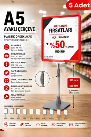 5 Adet - A5 Ayaklı Çerçeve Seti Plastik Ördek Ayak Teleskopik Borulu Fiyat Etiketliği Yönlendirme Levhası Menü Panosu Kırmızı