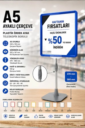 A5 Ayaklı Çerçeve Seti Plastik Ördek Ayak Teleskopik Borulu Fiyat Etiketliği Yönlendirme Levhası Menü Panosu Mavi