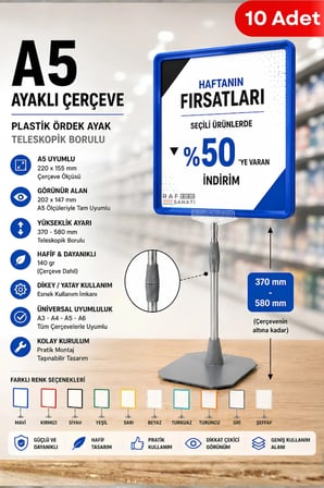 10 Adet - A5 Ayaklı Çerçeve Seti Plastik Ördek Ayak Teleskopik Borulu Fiyat Etiketliği Yönlendirme Levhası Menü Panosu Mavi