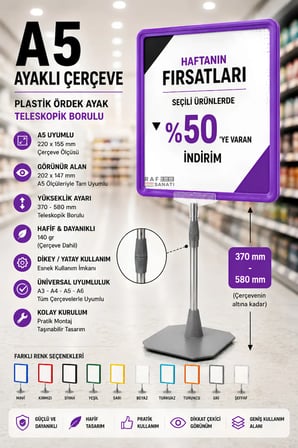 A5 Ayaklı Çerçeve Seti Plastik Ördek Ayak Teleskopik Borulu Fiyat Etiketliği Yönlendirme Levhası Menü Panosu Mor