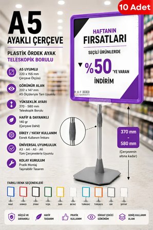 10 Adet - A5 Ayaklı Çerçeve Seti Plastik Ördek Ayak Teleskopik Borulu Fiyat Etiketliği Yönlendirme Levhası Menü Panosu Mor