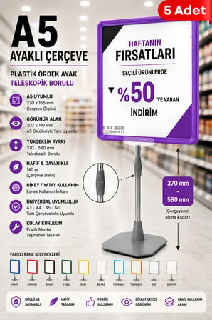 5 Adet - A5 Ayaklı Çerçeve Seti Plastik Ördek Ayak Teleskopik Borulu Fiyat Etiketliği Yönlendirme Levhası Menü Panosu Mor