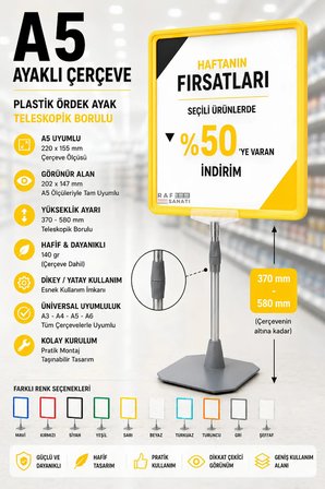 A5 Ayaklı Çerçeve Seti Plastik Ördek Ayak Teleskopik Borulu Fiyat Etiketliği Yönlendirme Levhası Menü Panosu Sarı