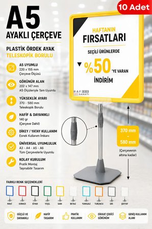 10 Adet - A5 Ayaklı Çerçeve Seti Plastik Ördek Ayak Teleskopik Borulu Fiyat Etiketliği Yönlendirme Levhası Menü Panosu Sarı