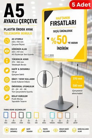 5 Adet - A5 Ayaklı Çerçeve Seti Plastik Ördek Ayak Teleskopik Borulu Fiyat Etiketliği Yönlendirme Levhası Menü Panosu Sarı