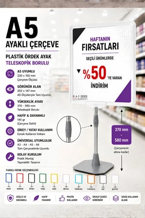 A5 Ayaklı Çerçeve Seti Plastik Ördek Ayak Teleskopik Borulu Fiyat Etiketliği Yönlendirme Levhası Menü Panosu Şeffaf