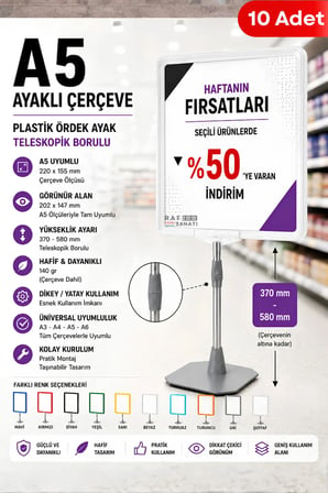 10 Adet - A5 Ayaklı Çerçeve Seti Plastik Ördek Ayak Teleskopik Borulu Fiyat Etiketliği Yönlendirme Levhası Menü Panosu Şeffaf