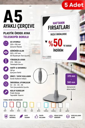 5 Adet - A5 Ayaklı Çerçeve Seti Plastik Ördek Ayak Teleskopik Borulu Fiyat Etiketliği Yönlendirme Levhası Menü Panosu Şeffaf