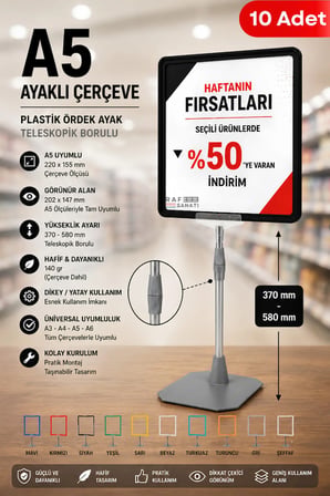 10 Adet - A5 Ayaklı Çerçeve Seti Plastik Ördek Ayak Teleskopik Borulu Fiyat Etiketliği Yönlendirme Levhası Menü Panosu Siyah