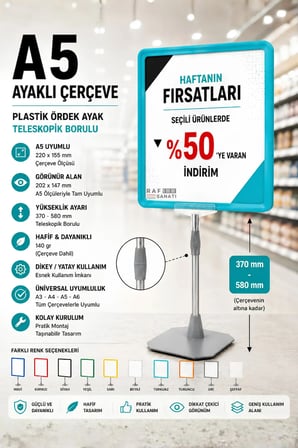 A5 Ayaklı Çerçeve Seti Plastik Ördek Ayak Teleskopik Borulu Fiyat Etiketliği Yönlendirme Levhası Menü Panosu Turkuaz