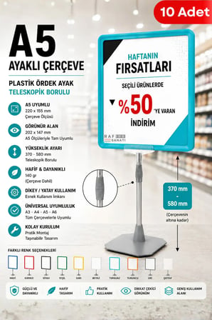 10 Adet - A5 Ayaklı Çerçeve Seti Plastik Ördek Ayak Teleskopik Borulu Fiyat Etiketliği Yönlendirme Levhası Menü Panosu Turkuaz