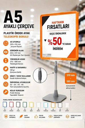 A5 Ayaklı Çerçeve Seti Plastik Ördek Ayak Teleskopik Borulu Fiyat Etiketliği Yönlendirme Levhası Menü Panosu Turuncu