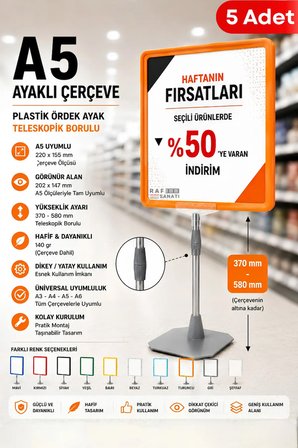 5 Adet - A5 Ayaklı Çerçeve Seti Plastik Ördek Ayak Teleskopik Borulu Fiyat Etiketliği Yönlendirme Levhası Menü Panosu Turuncu