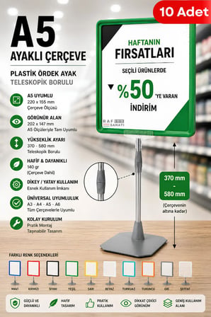 10 Adet - A5 Ayaklı Çerçeve Seti Plastik Ördek Ayak Teleskopik Borulu Fiyat Etiketliği Yönlendirme Levhası Menü Panosu Yeşil