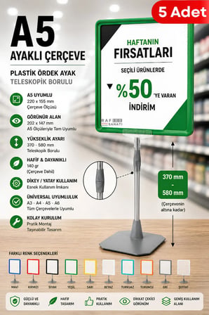 5 Adet - A5 Ayaklı Çerçeve Seti Plastik Ördek Ayak Teleskopik Borulu Fiyat Etiketliği Yönlendirme Levhası Menü Panosu Yeşil