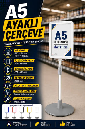 A5 Ayaklı Menü ve Fiyat Bilgi Standı Yuvarlak Tabanlı Teleskopik Çerçeve Etiketlik Beyaz