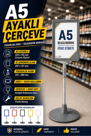 A5 Ayaklı Menü ve Fiyat Bilgi Standı Yuvarlak Tabanlı Teleskopik Çerçeve Etiketlik Gri