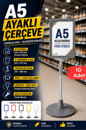 10 Adet - A5 Ayaklı Menü ve Fiyat Bilgi Standı Yuvarlak Tabanlı Teleskopik Çerçeve Etiketlik Gri