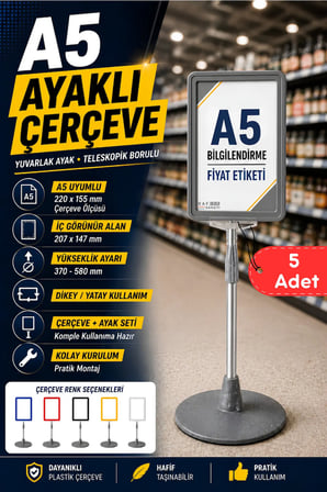 5 Adet - A5 Ayaklı Menü ve Fiyat Bilgi Standı Yuvarlak Tabanlı Teleskopik Çerçeve Etiketlik Gri