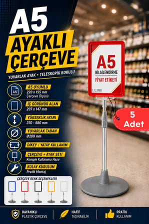 5 Adet - A5 Ayaklı Menü ve Fiyat Bilgi Standı Yuvarlak Tabanlı Teleskopik Çerçeve Etiketlik Kırmızı