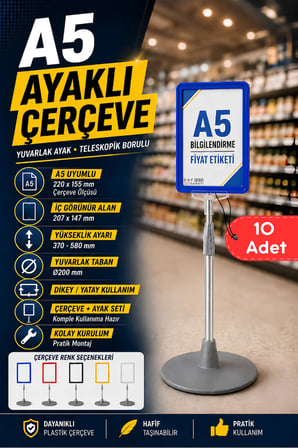 10 Adet - A5 Ayaklı Menü ve Fiyat Bilgi Standı Yuvarlak Tabanlı Teleskopik Çerçeve Etiketlik Mavi