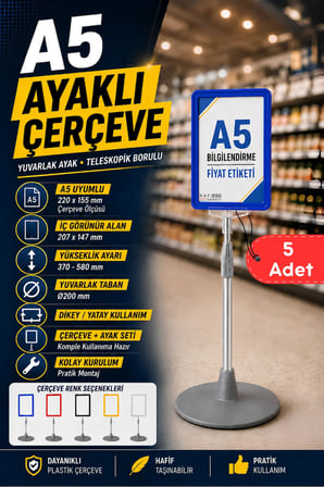 5 Adet - A5 Ayaklı Menü ve Fiyat Bilgi Standı Yuvarlak Tabanlı Teleskopik Çerçeve Etiketlik Mavi