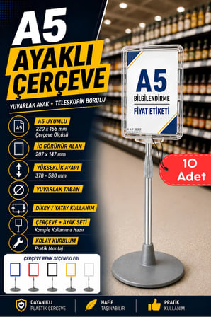 10 Adet - A5 Ayaklı Menü ve Fiyat Bilgi Standı Yuvarlak Tabanlı Teleskopik Çerçeve Etiketlik Şeffaf
