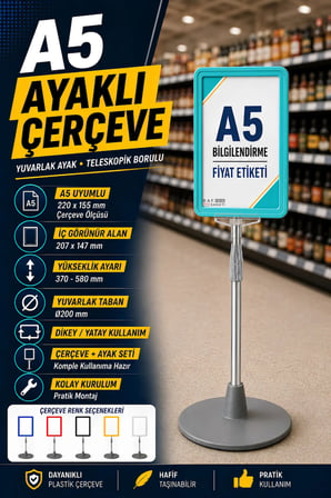 A5 Ayaklı Menü ve Fiyat Bilgi Standı Yuvarlak Tabanlı Teleskopik Çerçeve Etiketlik Turkuaz