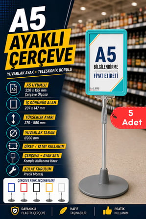 5 Adet - A5 Ayaklı Menü ve Fiyat Bilgi Standı Yuvarlak Tabanlı Teleskopik Çerçeve Etiketlik Turkuaz