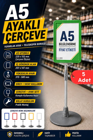 5 Adet - A5 Ayaklı Menü ve Fiyat Bilgi Standı Yuvarlak Tabanlı Teleskopik Çerçeve Etiketlik Yeşil