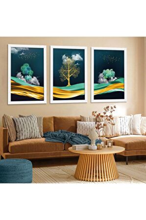 Çiçek Soyut Desen Gold Pleksi Kenar Üçlü Mdf Tablo Seti