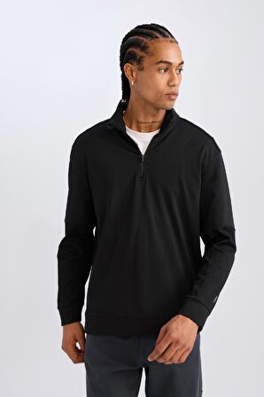 DeFactoFit Standart Fit Dik Yaka Fermuarlı Skuba Dalgıç Kumaş Sporcu Sweatshirt C9172AX24AUBK81