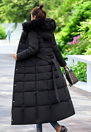 Kışlık Uzun Kürklü Kapüşonlu Kadın Şişme Mont
