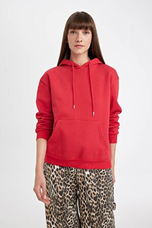 DeFacto Relax Fit Kapüşonlu Kanguru Cepli Kalın Basic Düz Sweatshirt W1240AZ24WNRD79